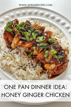 one pan dinner idea honey ginger chicken with rice and green onions on a white plate
