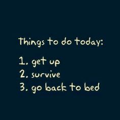 a black and white photo with text that says things to do today 1 get up 2 survive 3 go back to bed