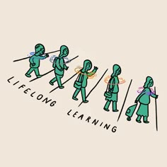 an image of people walking in line with the words life long learning written on them