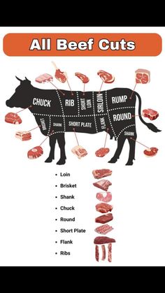 an illustrated diagram of all beef cuts in the shape of a cow, with text on it