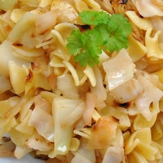 pasta with chicken and parsley in a white bowl