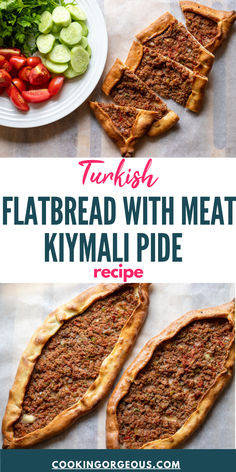 An authentic Turkish flatbread topped with ground lamb or beef mixed with peppers, onions, and tomatoes.