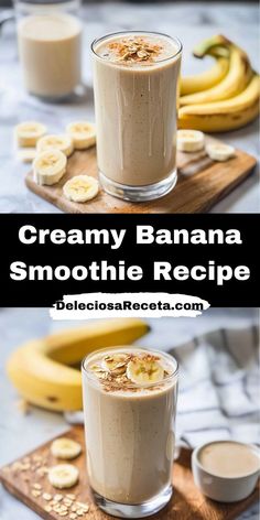 creamy banana smoothie recipe with bananas on the side
