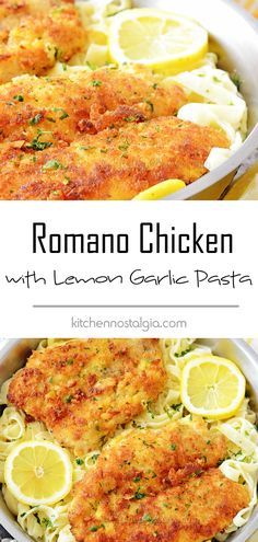 chicken with lemon garlic pasta in a casserole dish