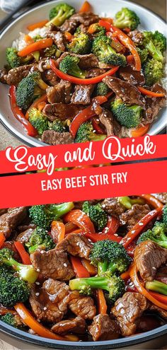 beef and broccoli stir fry in a skillet with the words easy and quick