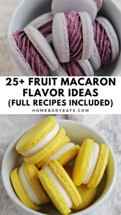 two pictures with macaroons in them and the words 25 + fruit macaron flavor