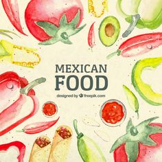 watercolor mexican food background with hand drawn vegetables and chilies in the shape of a circle