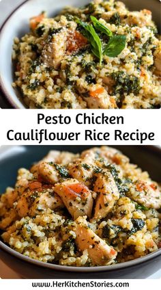 two pictures showing different types of food in bowls with the words pesto chicken cauliflower rice recipe