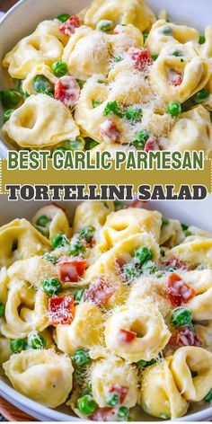 Cold garlic parmesan tortellini salad in a white bowl with herbs and veggies, ideal for a potluck or family gathering.