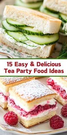 sandwiches with cucumbers, raspberries and cream cheese are on a plate