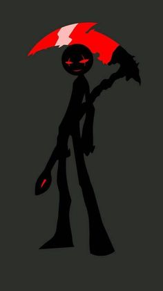 the silhouette of a person holding an umbrella over their head with red and white stripes on it