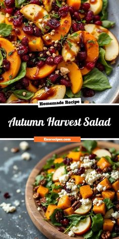 two pictures of autumn harvest salad with apples and cranberries
