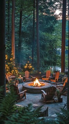 A cozy outdoor fire pit surrounded by comfortable seating and lush greenery.