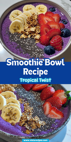 Vibrant purple smoothie bowl topped with fresh banana slices, strawberries, blueberries, chia seeds, and granola for a tropical, nutritious breakfast.