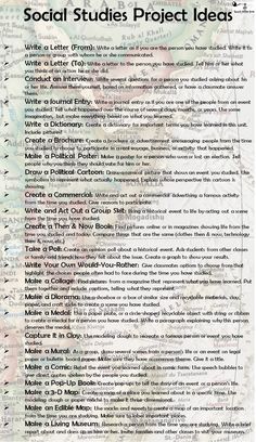 a poster with the words social studies project ideas written in black and white on it