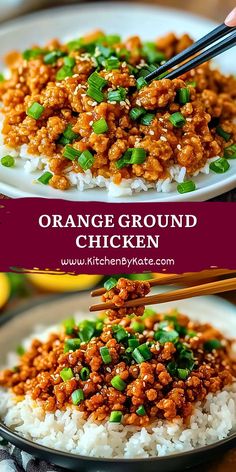 orange ground chicken served on rice with chopsticks