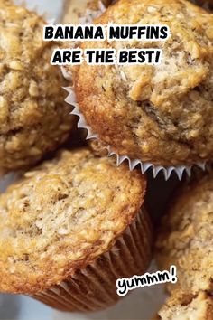 Image of freshly baked banana muffins topped with nuts on a wooden table. Text overlay reads Fast Banana Muffins. Perfect for those looking for an easy banana muffin recipe with a nutty twist.