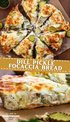 one image shows a whole focaccia bread sliced, and the other shows a slice on a piece of parchment paper