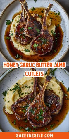 two plates with meat and mashed potatoes on them, one has garlic butter lamb chops