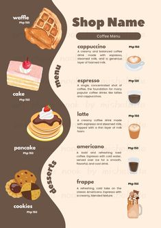 a menu with different types of food and drinks on the front, along with information about each item