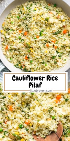cauliflower rice pilaf in a white bowl with a wooden spoon next to it