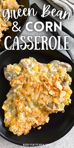 two black plates filled with corn and corn casserole