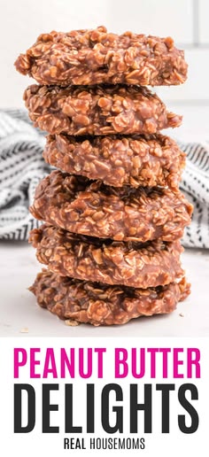 a stack of peanut butter delight cookies on top of each other with text overlay