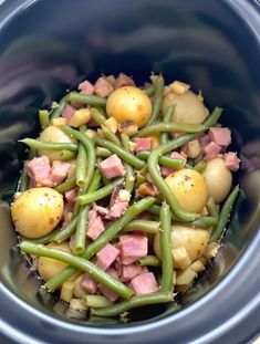 green beans, ham and potatoes in a crock pot