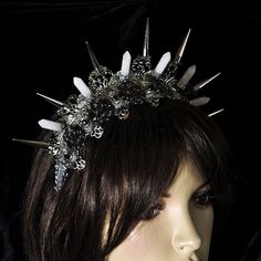 Spiked Crystals Tiara  #spikedtiara #crystaltiara #silvertiara #evilqueen #evilcrown #blackqueen #customtiara #goth #gothiccrown #tiara #crown #olenagrin Silver Crown With Spikes, Spike Tiara, Goth Tiara, Spiky Tiara, Spike Crown, Spiked Tiara, Spiked Crown, Obsidian Crown, Black Spike Crown