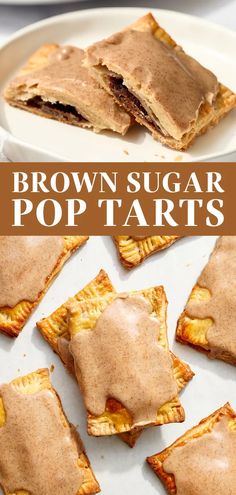 brown sugar pop tarts on a white plate with text overlay that reads, brown sugar pop tarts