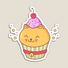 a cat sticker with a cupcake on top