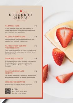 the dessert menu has strawberries on it and is ready to be eaten by someone