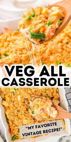 a casserole dish with vegetables being scooped into it
