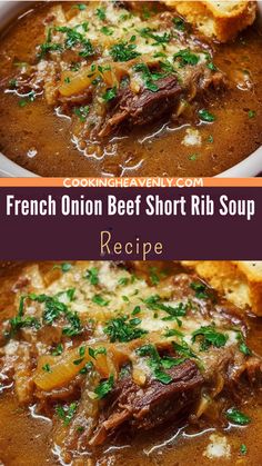 french onion beef short rib soup recipe in a white bowl with parsley on top