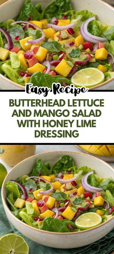a salad with mangos, lettuce and onions in it is ready to be eaten