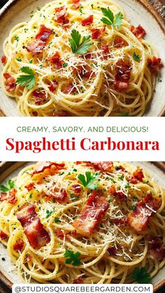 two plates of spaghetti with bacon and parmesan cheese