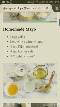 the recipe for homemade mayo is shown in two different languages and includes ingredients to make it