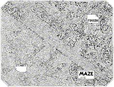 a black and white drawing of maze with words on the map in different languages, all over it