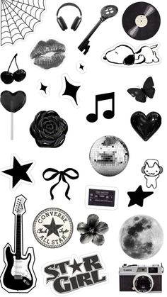 black and white photo of various stickers
