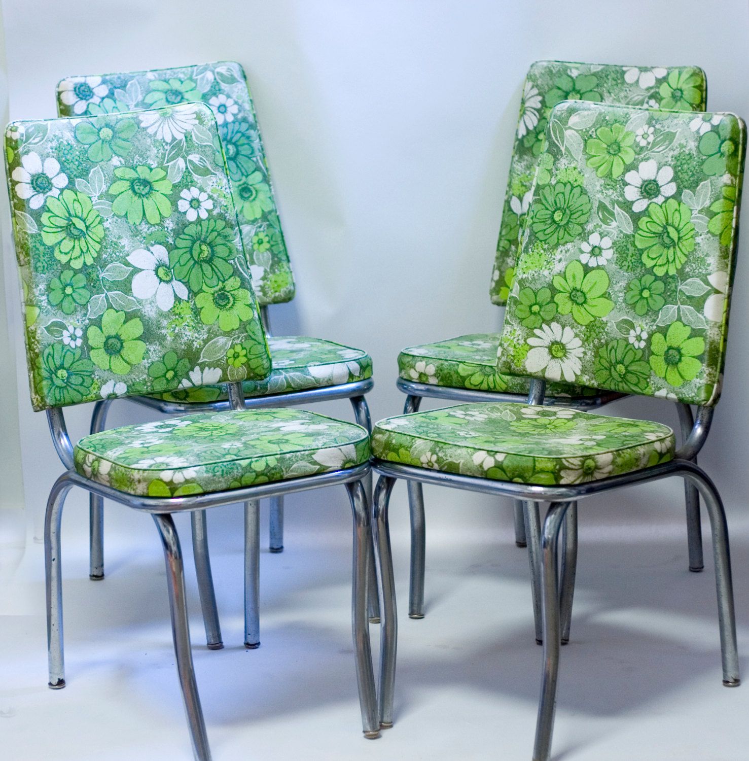 Mid Century Chrome Kitchen Chairs 1960s Green Floral Vinyl Ours Mid Century Chrome Kitchen Chairs 1960s Green Floral Vinyl Ours