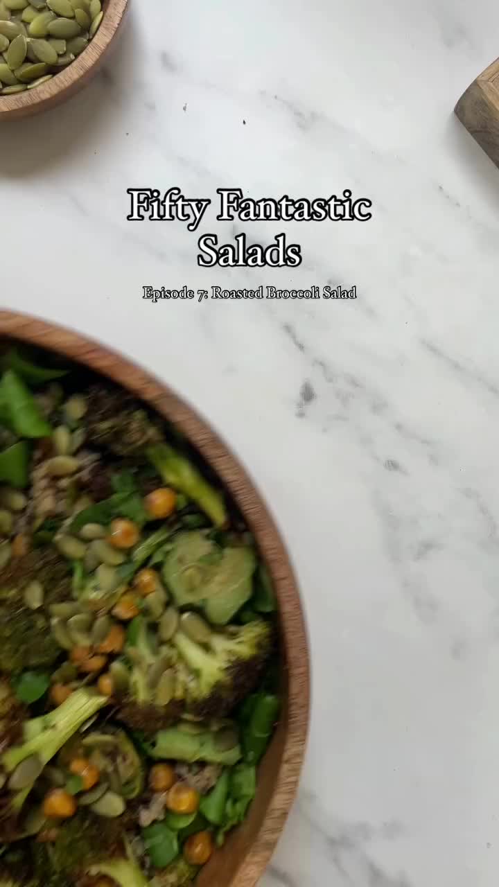 With 24g of protein and 11g of fibre per serving, this roasted broccoli salad is super filling and nutritious.   This is also episode 7 of my Fifty Fantastic Salads series.  Roasting your broccoli adds so much more flavour and texture than just boiling or streaming.   And pairing it with chickpeas and quinoa really adds to the nutritional profile of the whole dish.  The star of the show is really the pumpkin seed dressing. Quick to make - simply blend the ingredients together whilst your broc...