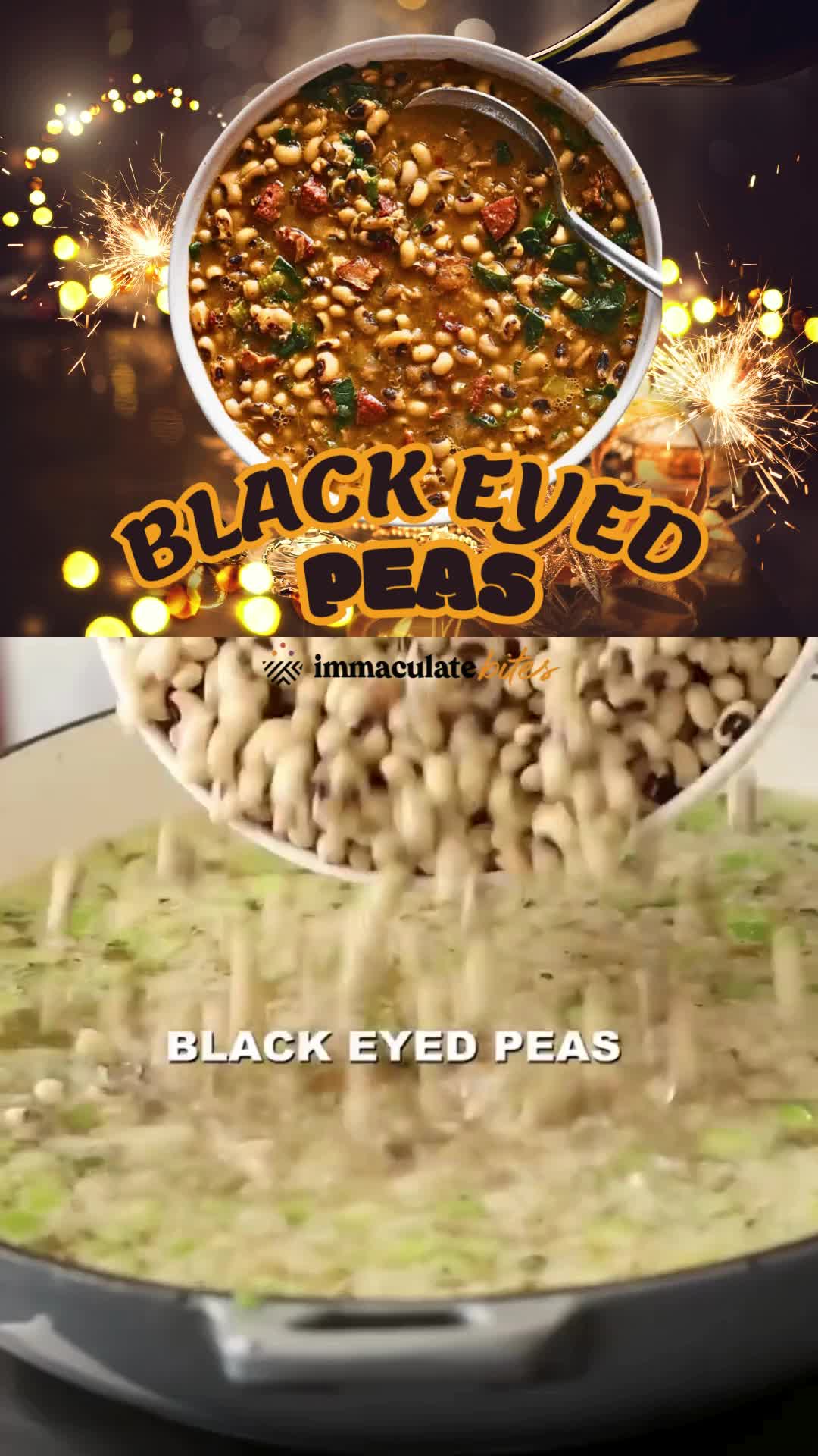 This contains: The best black eyed peas recipe: A New Year's tradition believed to bring good luck and prosperity. Enjoyed with collard greens and cornbread, these legumes symbolize wealth and resilience for a fortunate year ahead! #HoppinJohn #SoulFood #Vegan