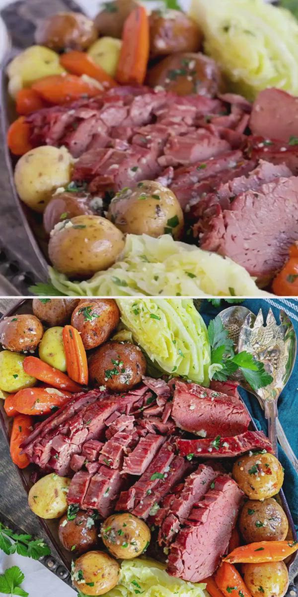 This contains: Looking for more Irish food? Here's the perfect St. Patrick's Day dinner recipe! Served with potatoes and carrots, this Slow Cooker Corned Beef and Cabbage is hearty and delicious. Pin this for later!