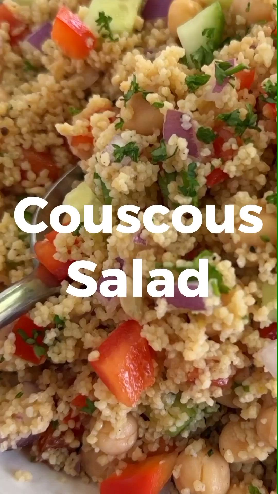 This contains: making a couscous salad in a bowl, making a dressing with fresh lemon and combining them both together