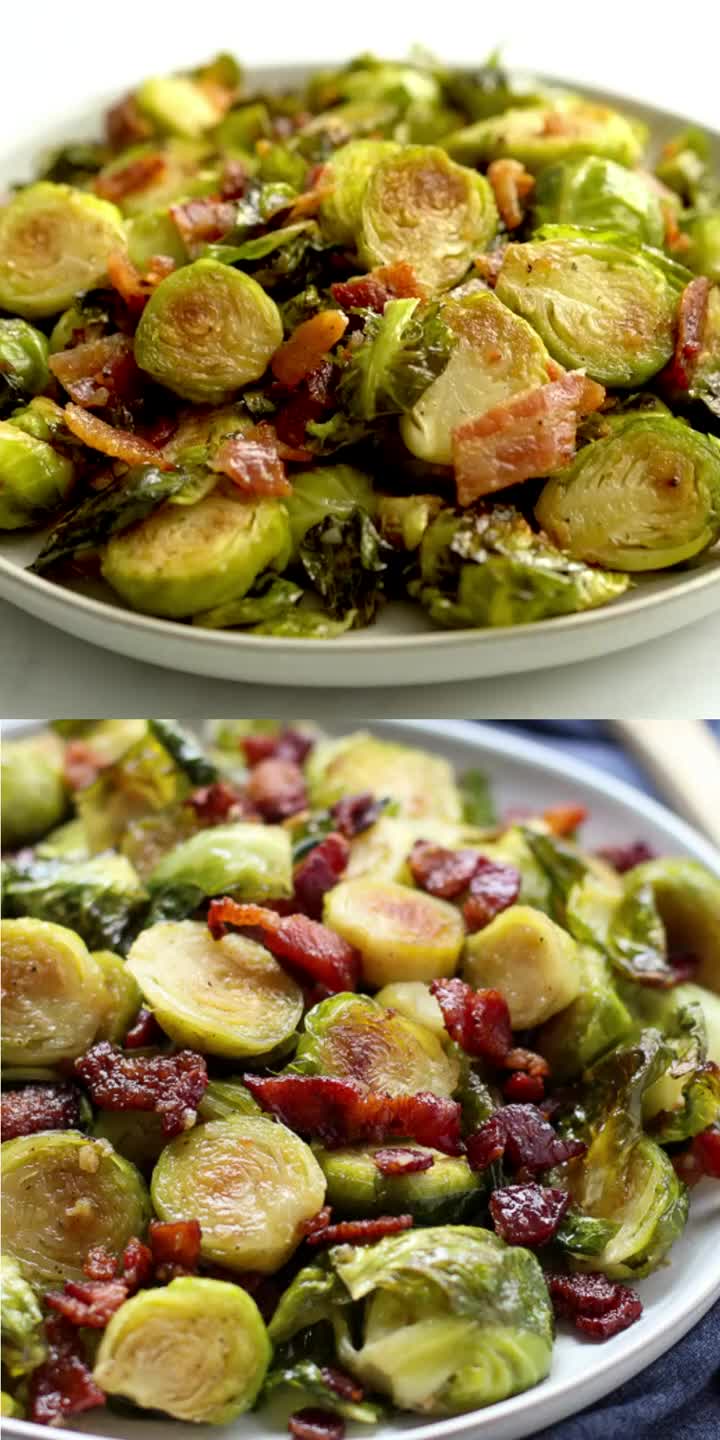 Brussels Sprouts with Bacon - easy and delicious vegetable side dish recipe for the Thanksgiving and Christmas holidays! Oven roasted brussels sprouts is seasoned with honey, garlic and tossed with crispy bacon. #RawFoodVeggieVibes