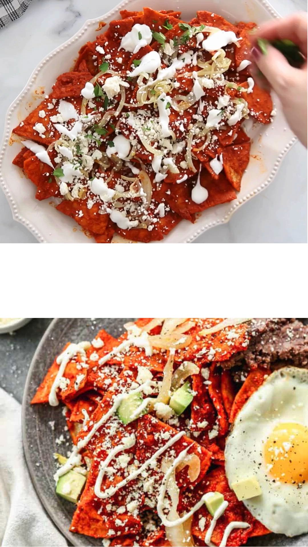 This contains: A plate of Chilaquiles- crispy corn tortillas, queso fresco, Mexican crema, onions, and avocado. A delicious traditional Mexican dish.