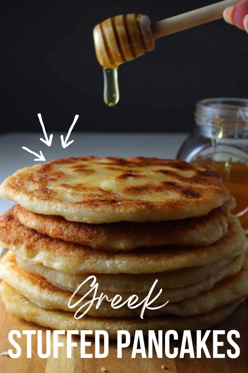 Delight in the flavors of Greece with these traditional Greek Stuffed Pancakes. These golden treasures are lovingly crafted, filled with a savory blend of Mediterranean ingredients, and cooked to perfection. Serve them with honey and make them for breakfast or brunch or for dessert like in Greece. #pancake #stuffedpancake