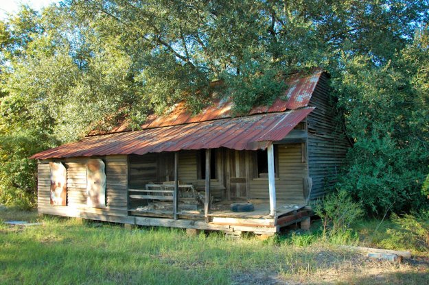 An old, rustic wooden cabin with a corrugated metal roof, surrounded by greenery and tall grass.