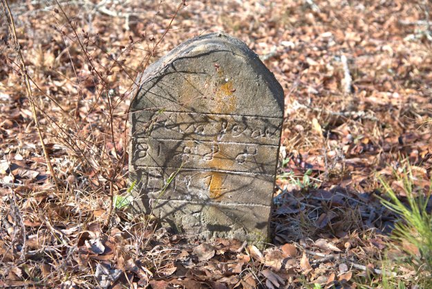 Old gravestone partially obscured by dry leaves and grass, featuring engraved text and weathered surface.