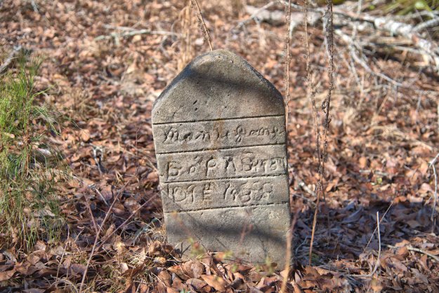 An old, weathered gravestone with inscriptions partially visible, situated in a wooded area covered with fallen leaves.